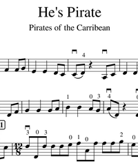 Notes for strings - violin, viola, cello, double bass. He's a Pirate!.