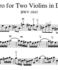 Notes for strings - violin, viola, cello, double bass. Concerto for Two Violins in D Minor (BWV 1043).